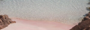 A close-up of a pink sand beach with gentle waves washing ashore, framed by rocky outcrops.
