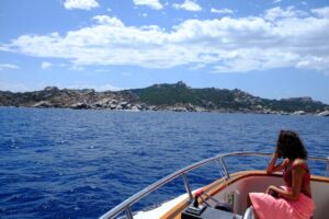 A woman in a pink dress sitting on a boat, gazing at the rocky coastline and deep blue sea.